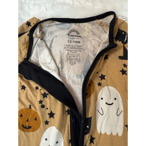 Emerson & Friends Bamboo Zip Pajama Halloween Brown Cat Ghost Stars Moon 12–18M* - Picture 4 of 9